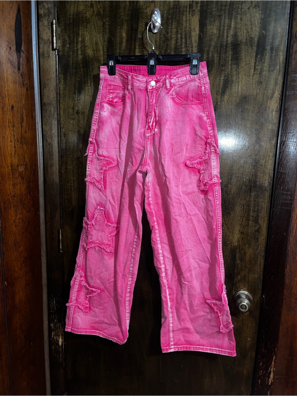 SHEIN Bright Pink Star Patch Wide-Leg Jeans